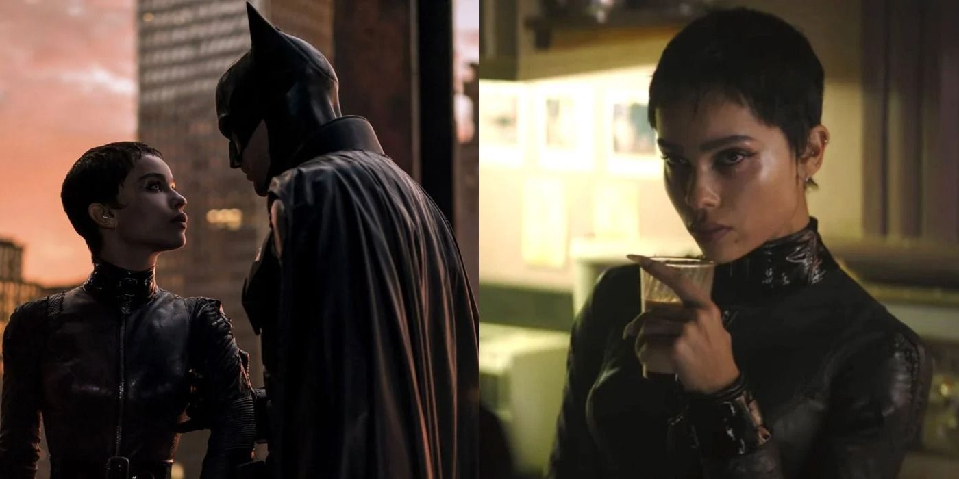 Split image of Batman and Catwoman at the Bat-signal and in her apartment