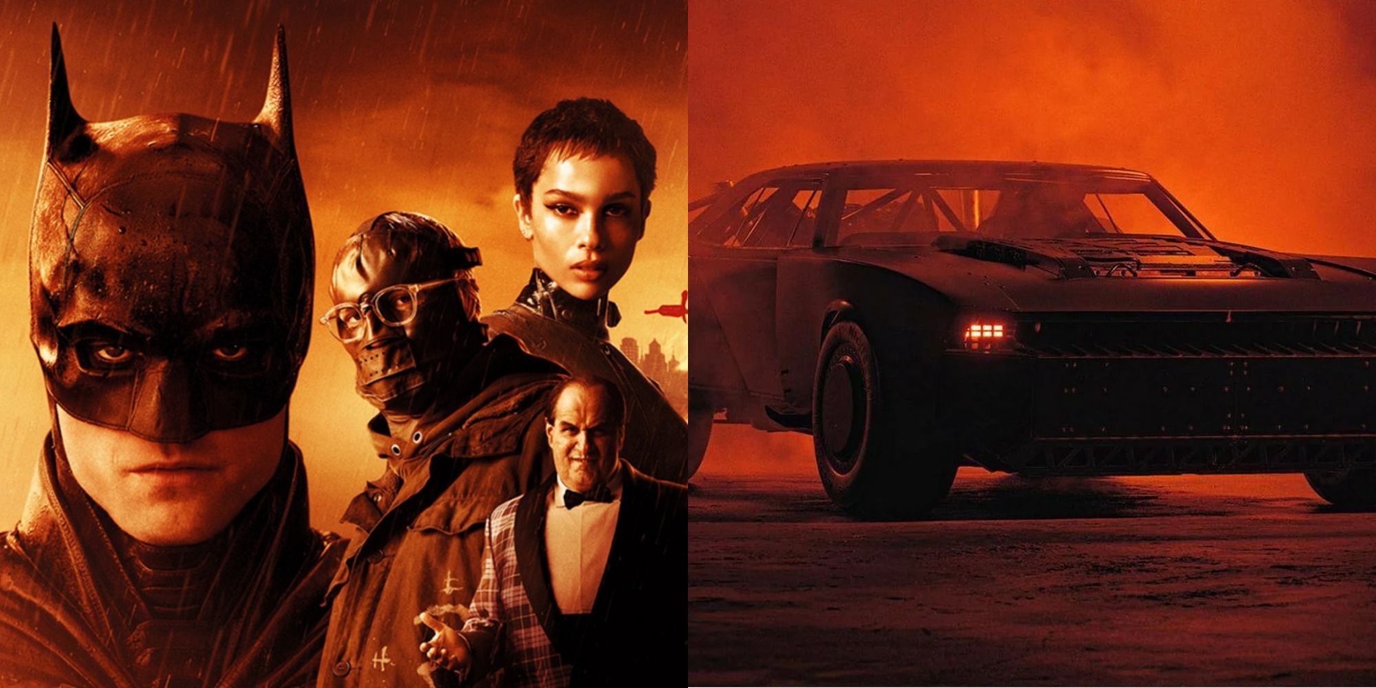 Split image showing the characters and the Batmobile from The Batman