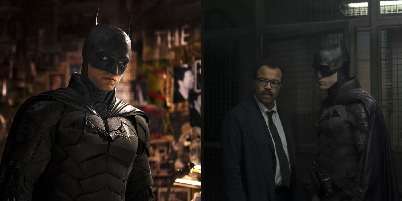 Split image of Batman at a crime scene and with Jim Gordon at the GCPD