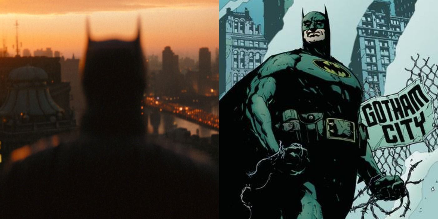 Split image of Batman overlooking Gotham in The Batman, and Batman standing in the rubble in No Man's Land cover art