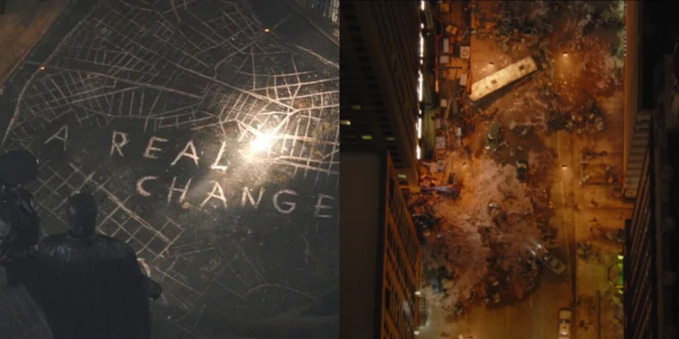 Split image of Batman uncovering the map for Riddler's plan and Gotham getting flooded