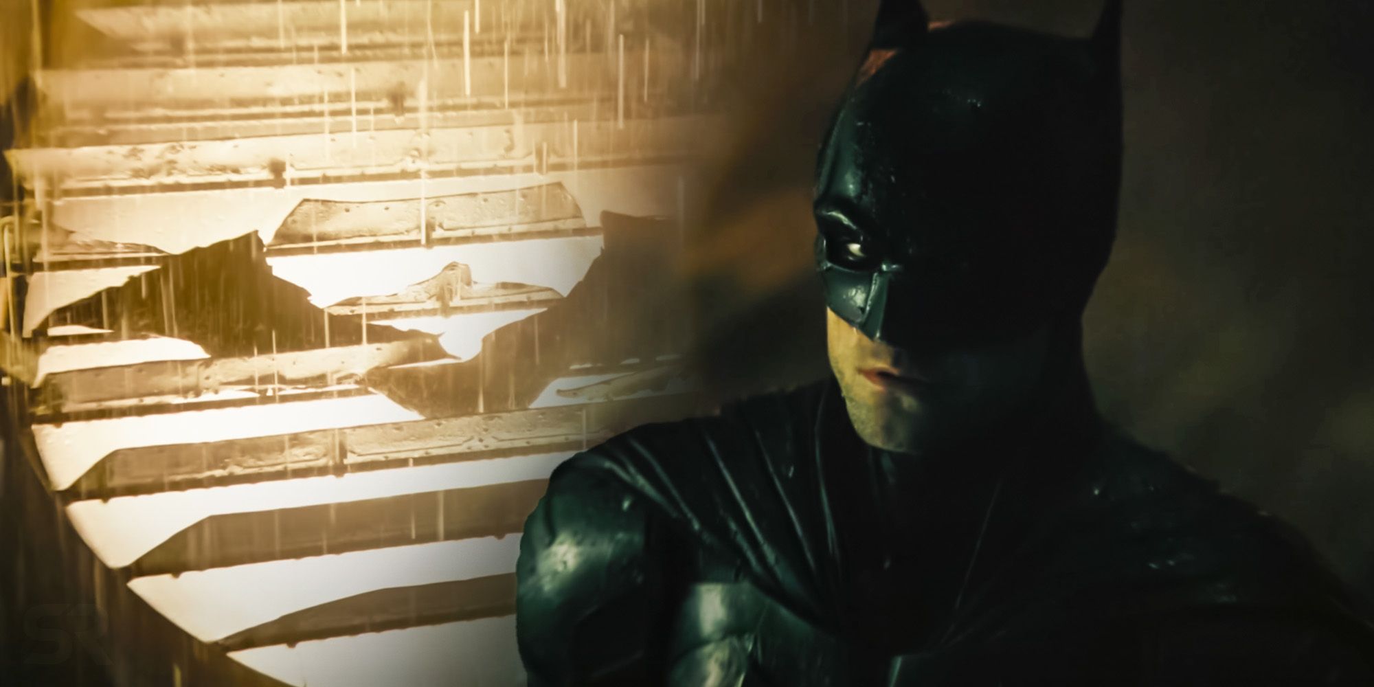 The bat-signal and Robert Pattinson as Batman