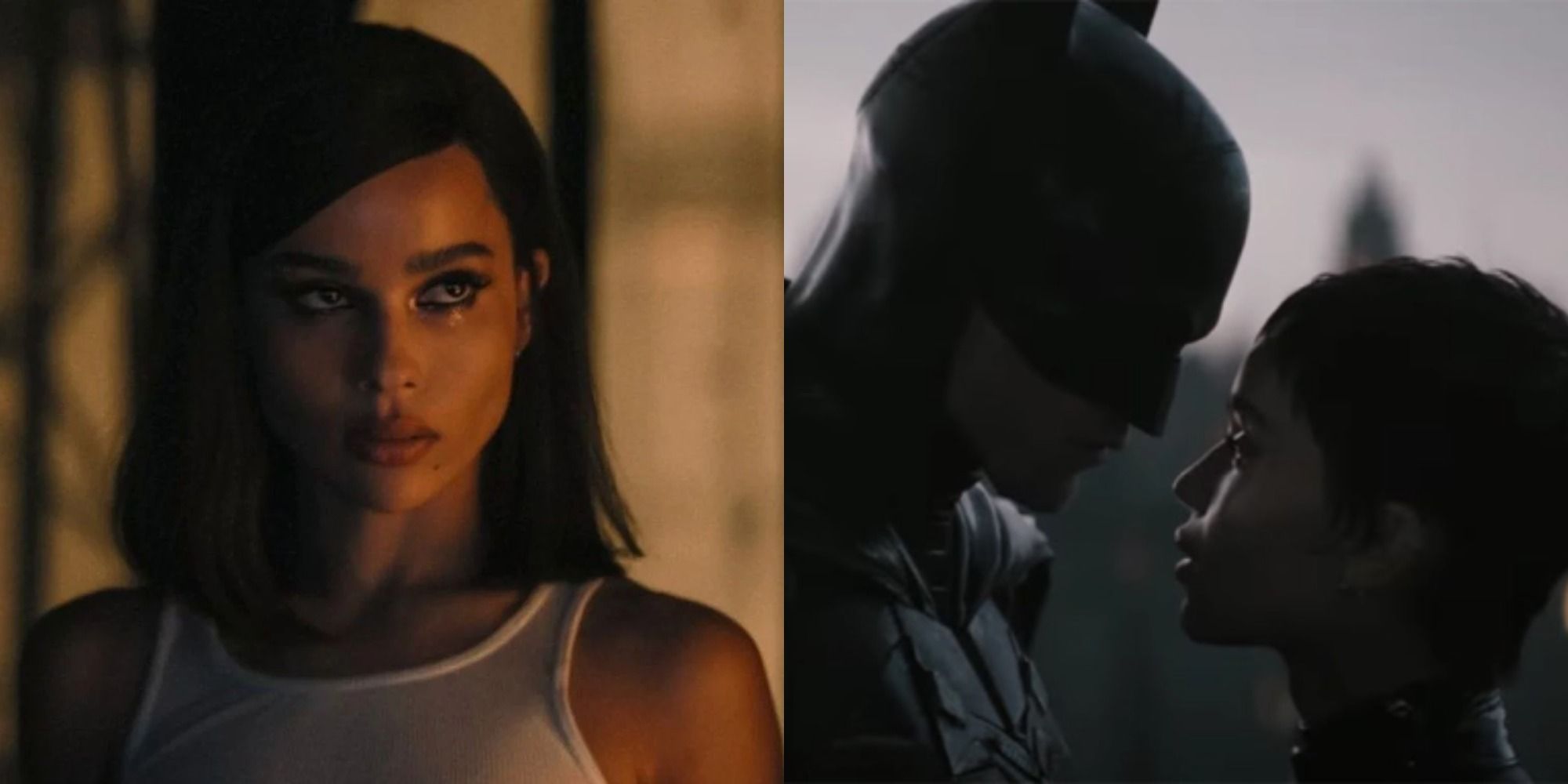 Split image showing Selina Kyle and Catwoman with Batman in The Batman