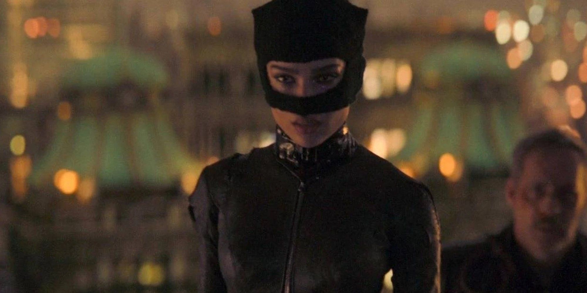 Zoe Kravitz as Catwoman on a roof in The Batman