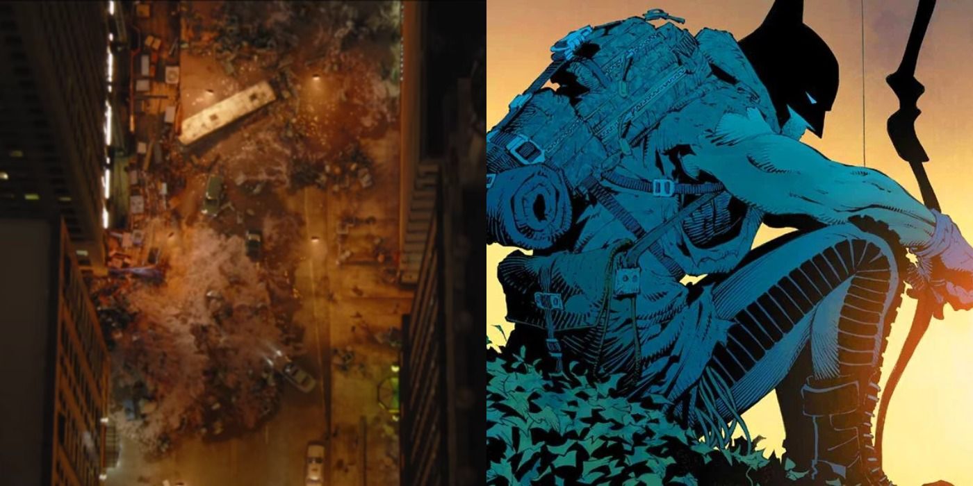 Split image of Gotham being flooded in The Batman and Batman sitting on a gargoyle in Zero Year cover art