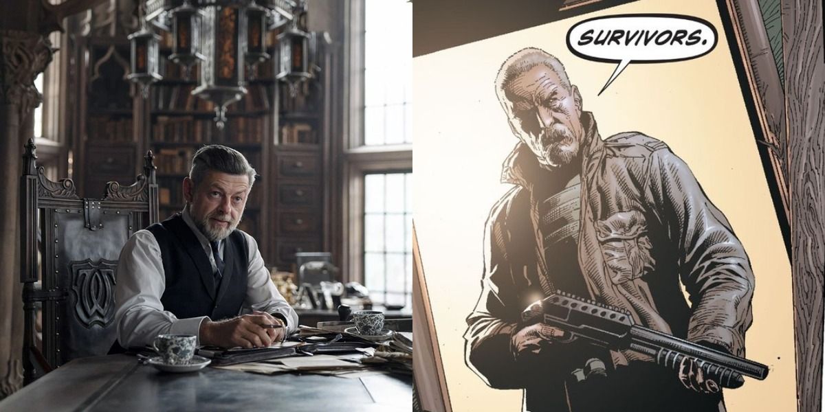 Andy Serkis' Alfred sits at a table in The Batman while Alfred readies his shotgun in Earth One.