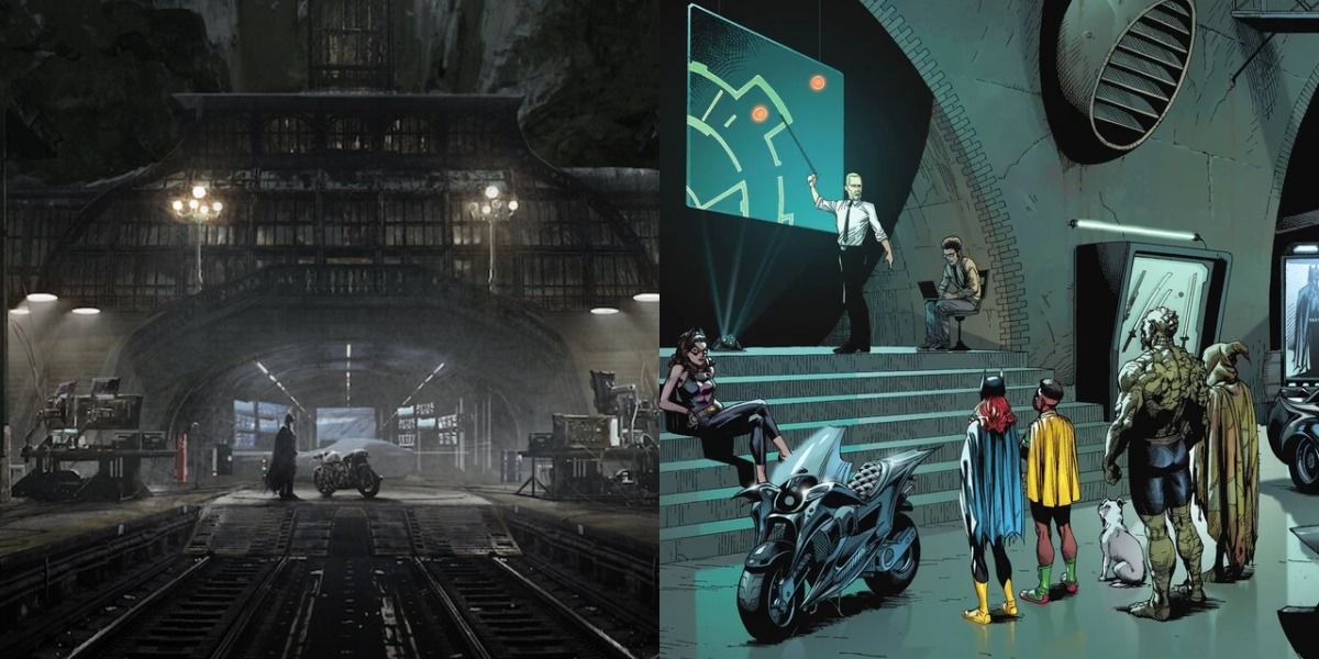 Batman in The Batcave in The Batman and The Outsiders gather in The Batcave in Earth One.