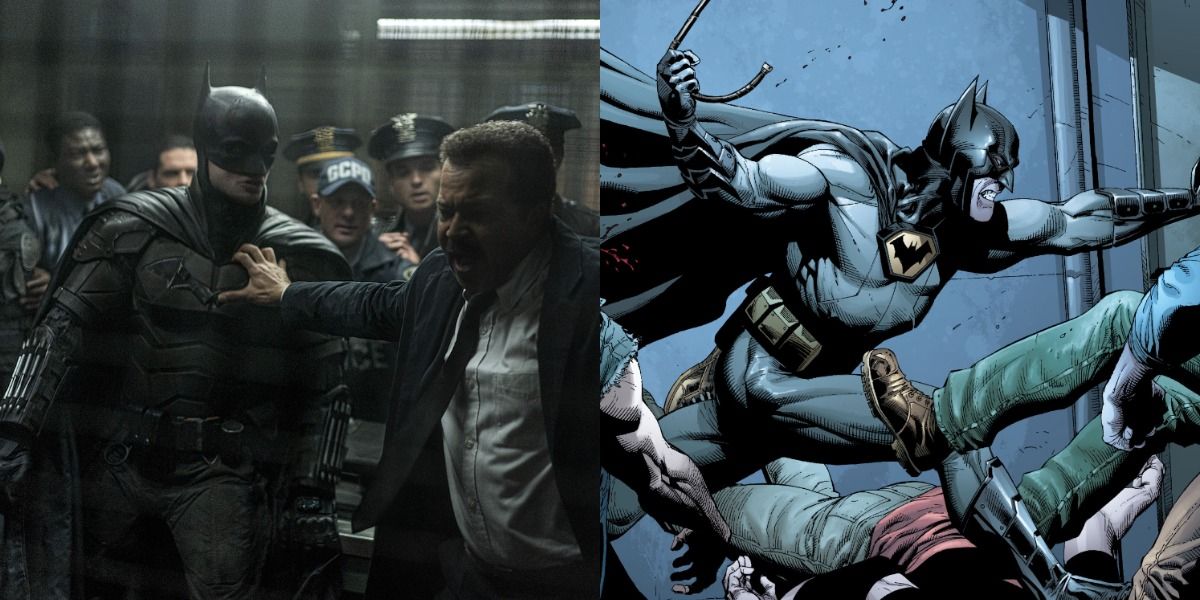 Gordon holds Batman back from battling police officers in The Batman while Batman fights with a fire extinguisher in Earth One.