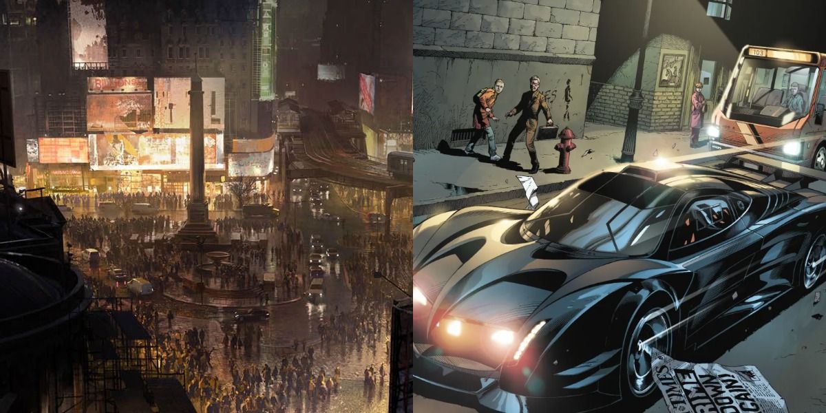 The citizens of Gotham gather in the town square in The Batman while The Batmobile pursues criminals in Batman: Earth One.