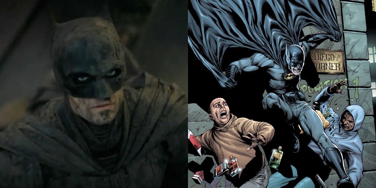 A muddy Batman basks in the sun in The Batman while Batman leaps in to batter some thugs in Earth One.