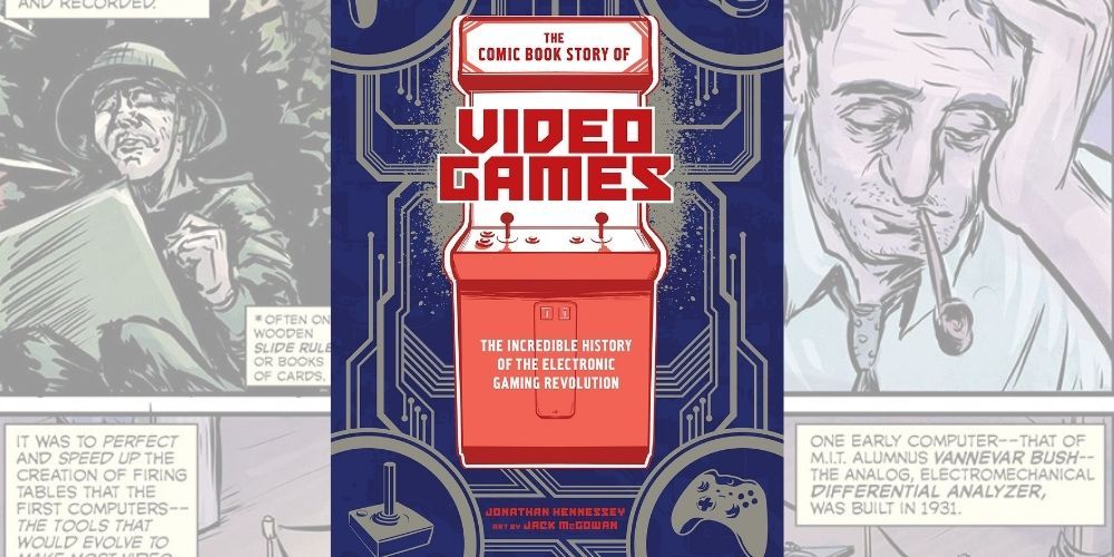 The Comic Book Story of Video Games book cover sits on top of one of the book's open pages revealing a comic strip image