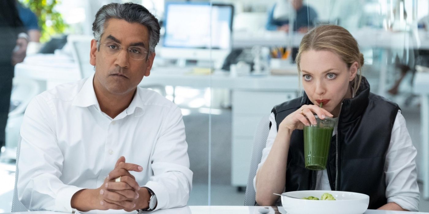 Sunny Balwani sitting with Elizabeth Holmes drinking green juice in The Dropout