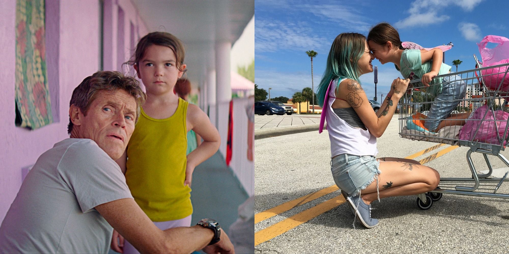 Split image showing Mooney with Bobby and with Halley in The Florida Project