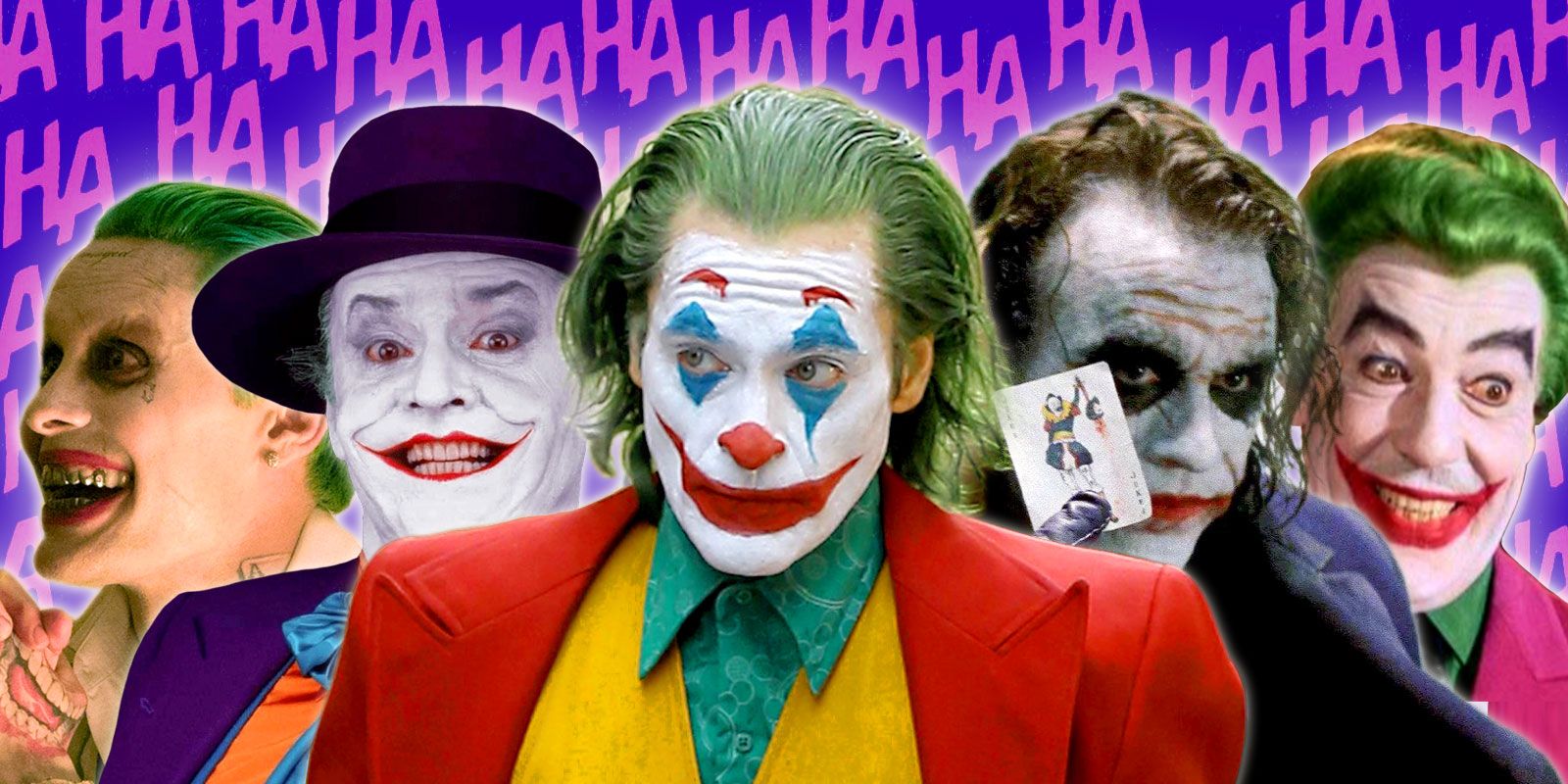 Five live-action versions of the Joker: Jared Leto, Jack Nicholson, Joachim Phoenix, Heath Ledger, and Cesar Romero.