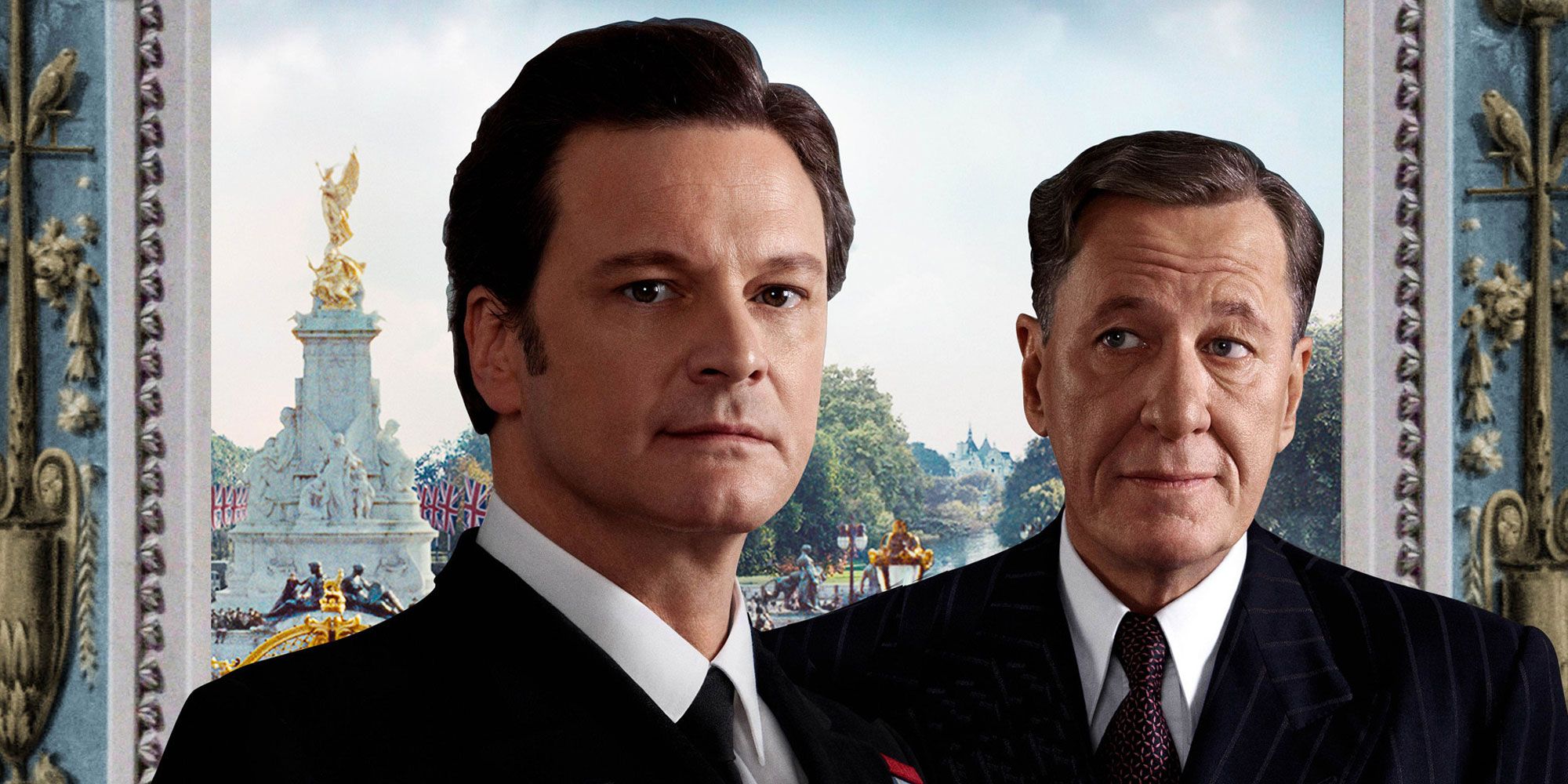The stuttering king and his speech teacher wear suits and ties on the poster for The King's Speech.