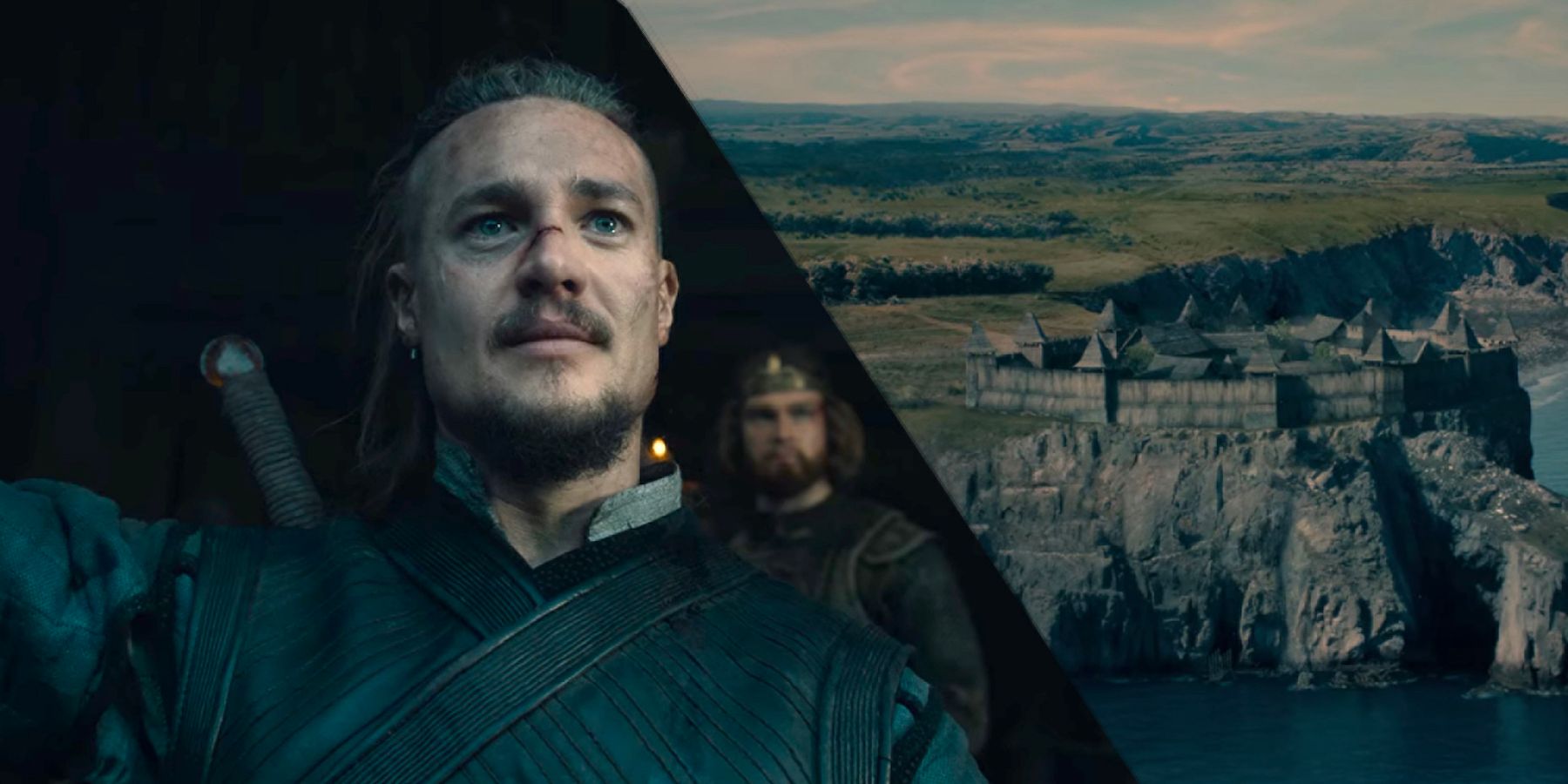 Uhtred with King Edward in background next to Bebbanburg