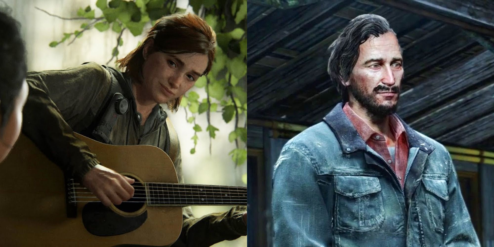 Split image showing Ellie and David in The Last of Us