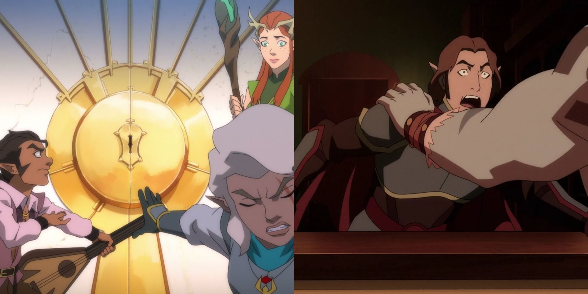 Split image showing characters trying to open a door and another character screaming in The Legend of Vox Machina