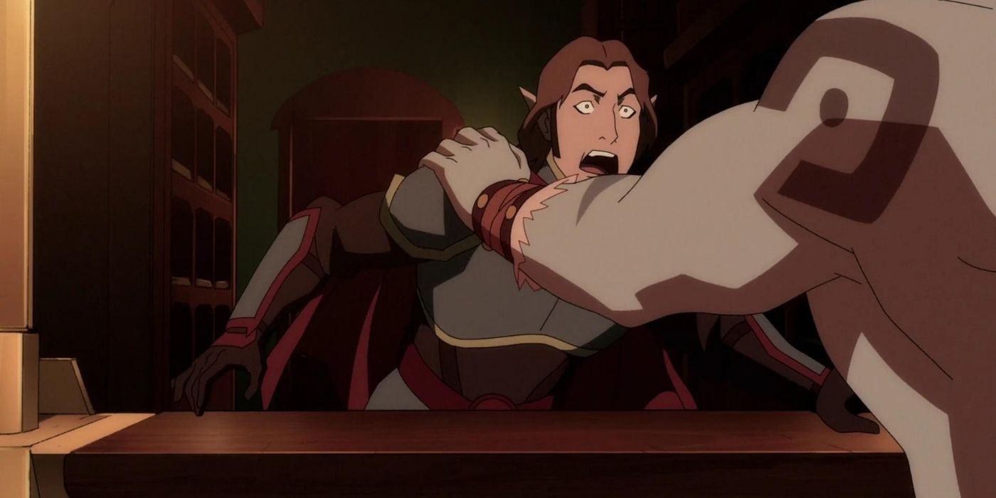 A character screams in fear as he's being grabbed in The Legend of Vox Machina