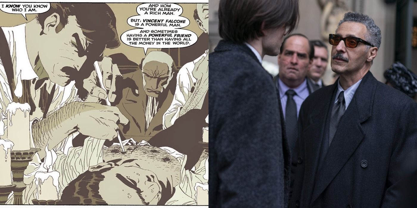 Split image of Thomas Wayne performing surgery on Falcone in the comics, and talking to Bruce Wayne in The Batman