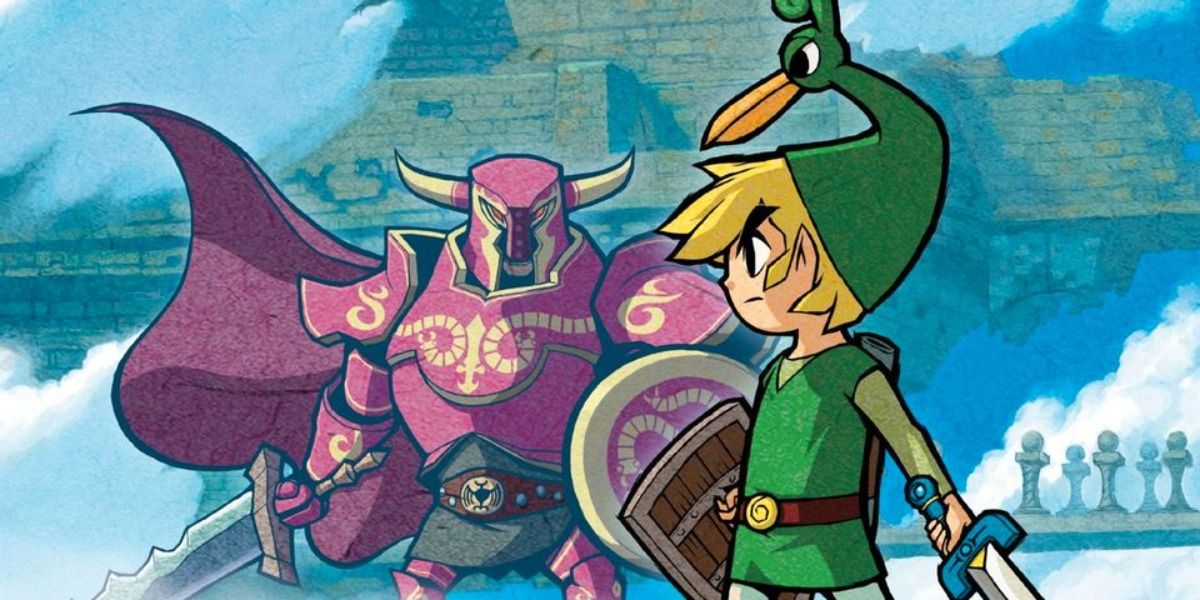 Artwork of Link looking at an armored enemy from The Minish Cap. 