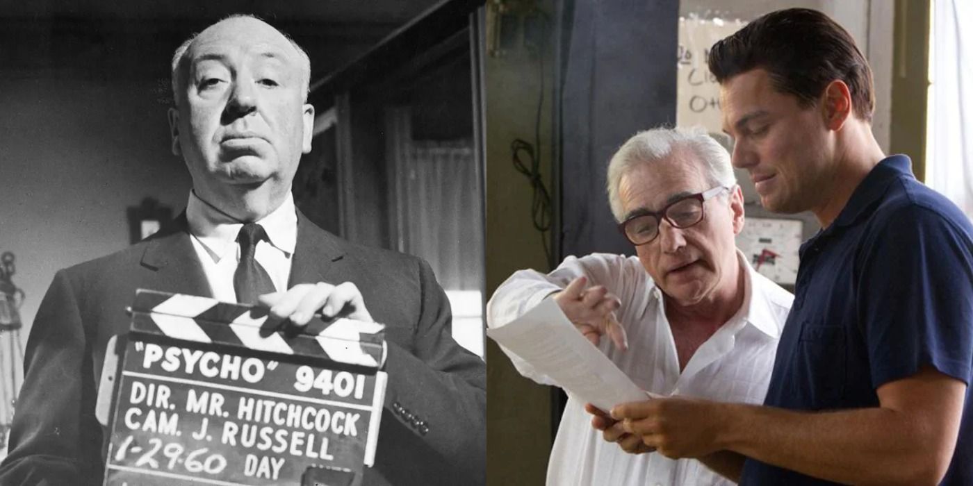 Split image showing directors Alfred Hitchcock and Martin Scorsese 
