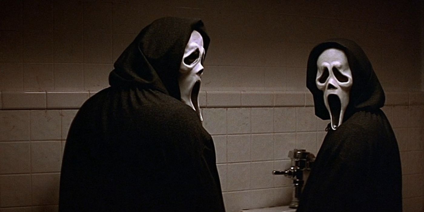 To white-masked killers standing at urinals in a bathroom in Scream 2