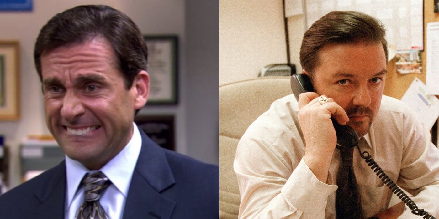 Michael from The Office US with a worried look and David from The Office UK on the phone, in a split image