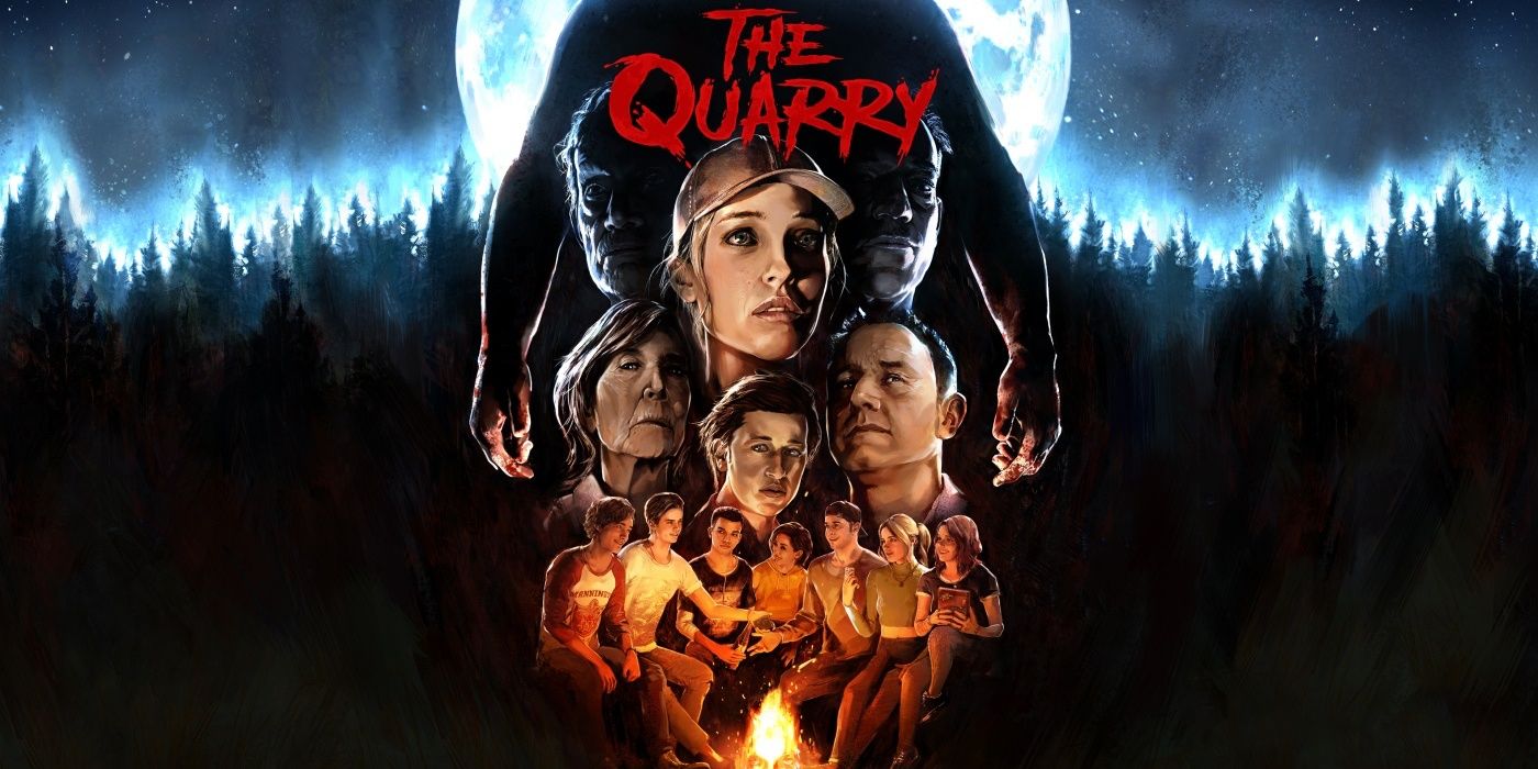 The quarry characters in the center with trees in the background.