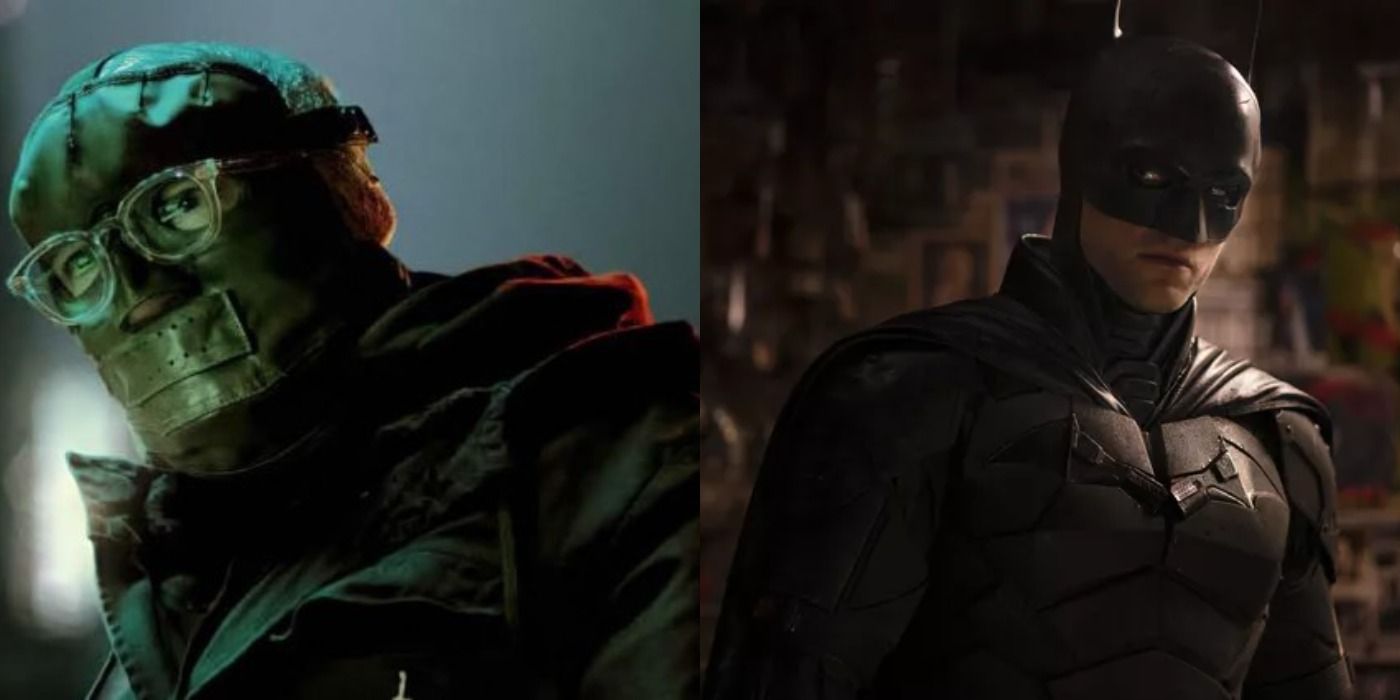Split image of Riddler in a promo image and Batman investigating his apartment