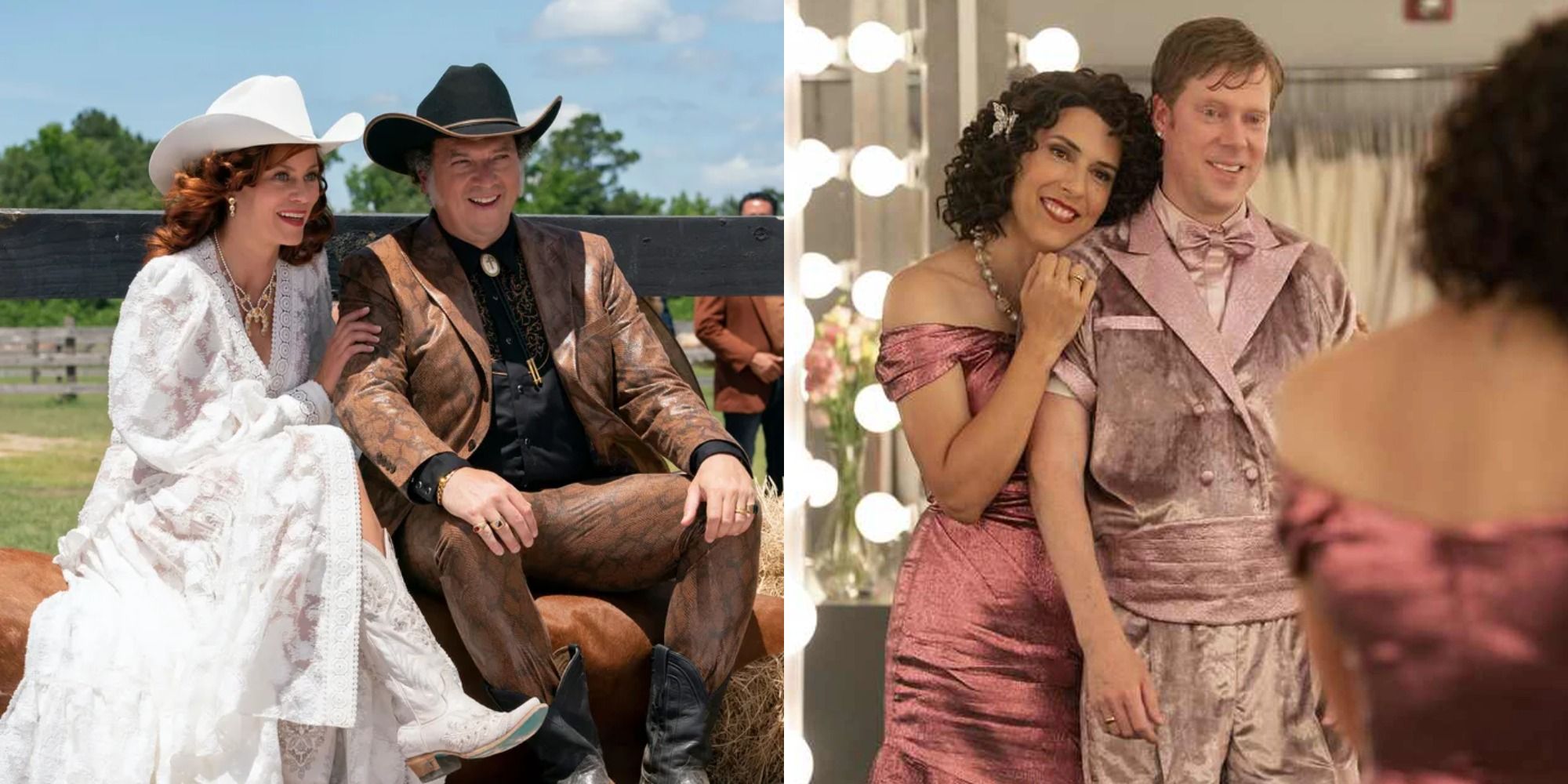 Split image showing Jesse and Amber and Judy and BJ in The Righteous Gemstones