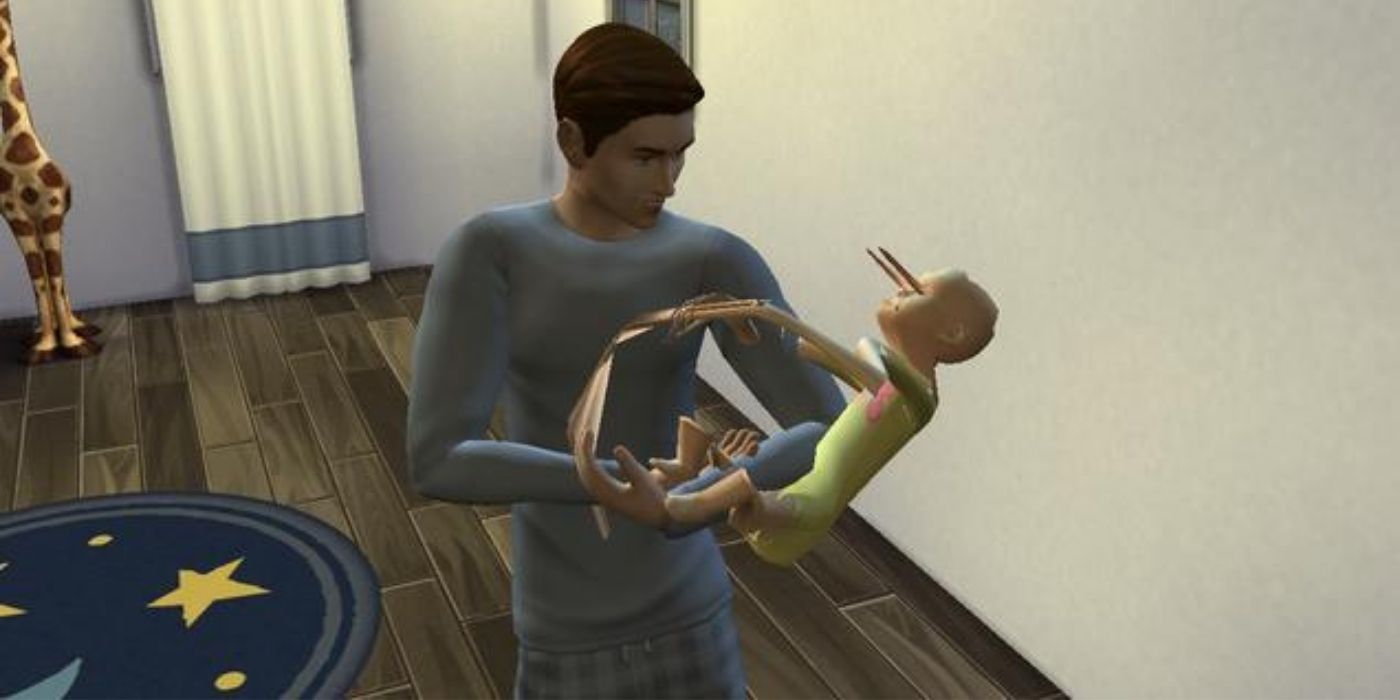 A man carrying a deformed baby in The Sims