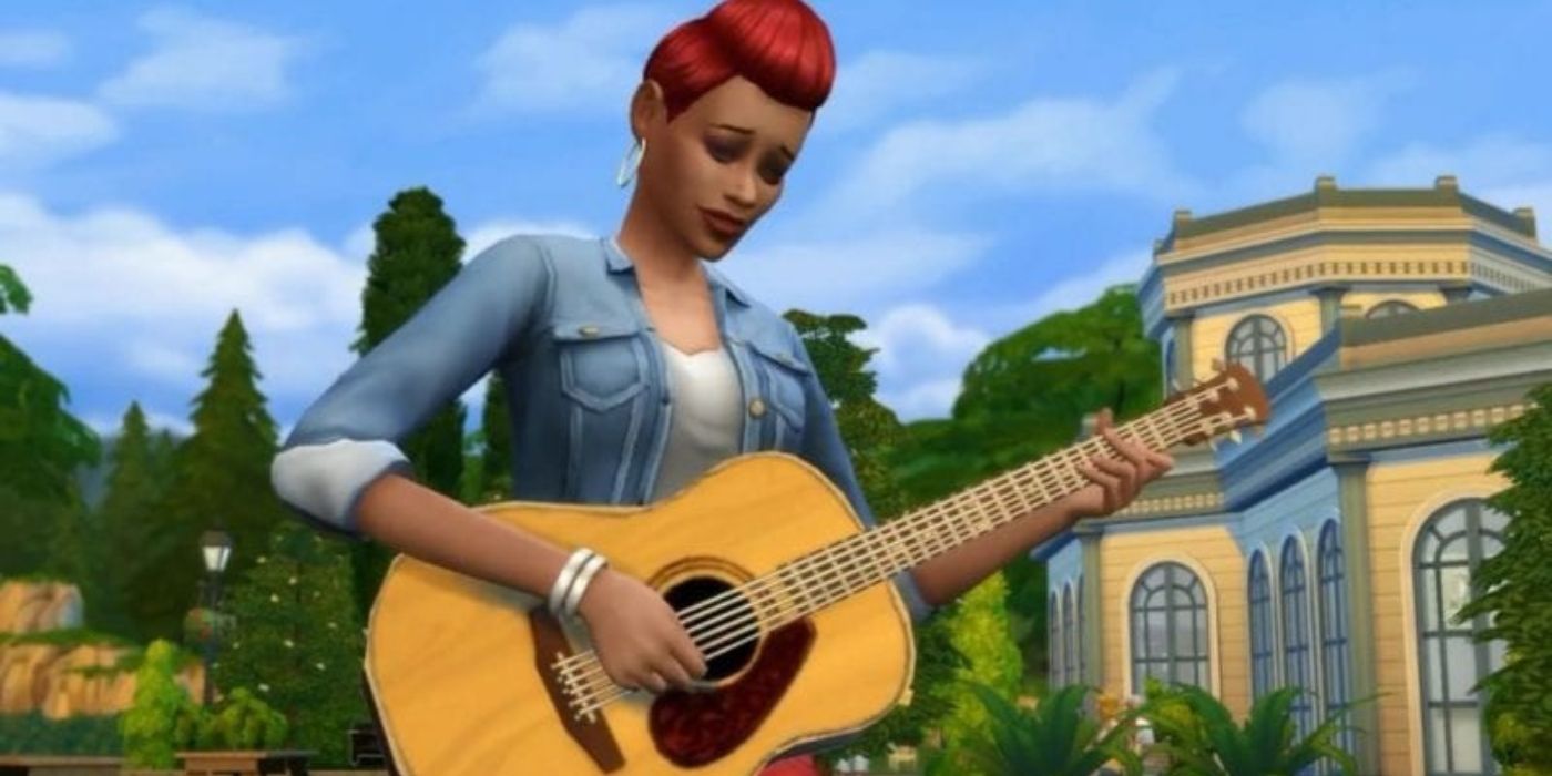 A character with a guitar in The Sims