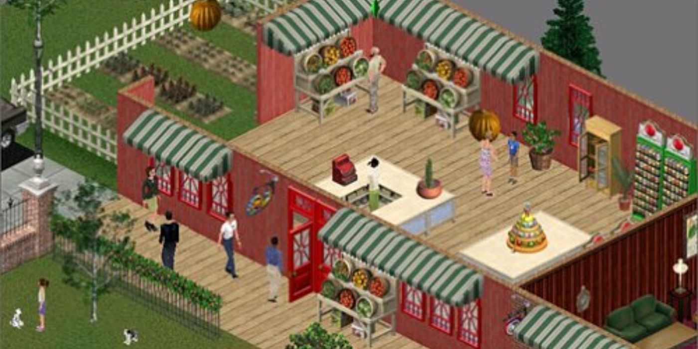Sims at a market store in The Sims Unleashed