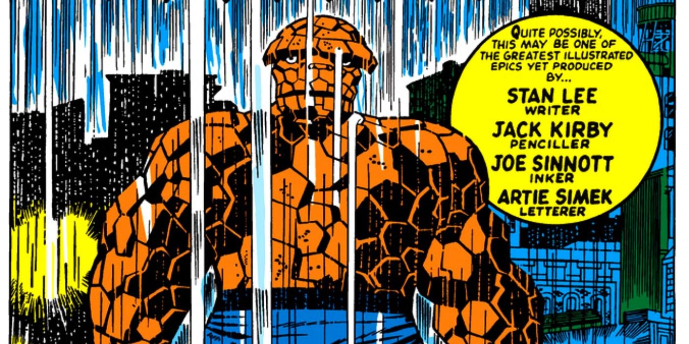 The Thing stands in the rain in Marvel Comics.