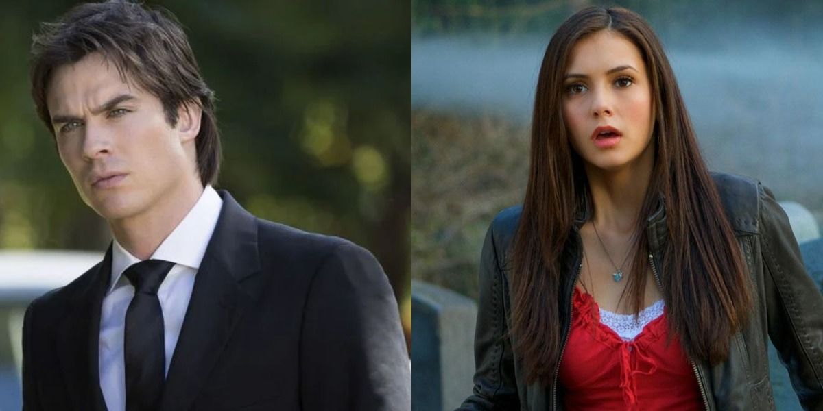 Split image showing Damon and Elena in TVD