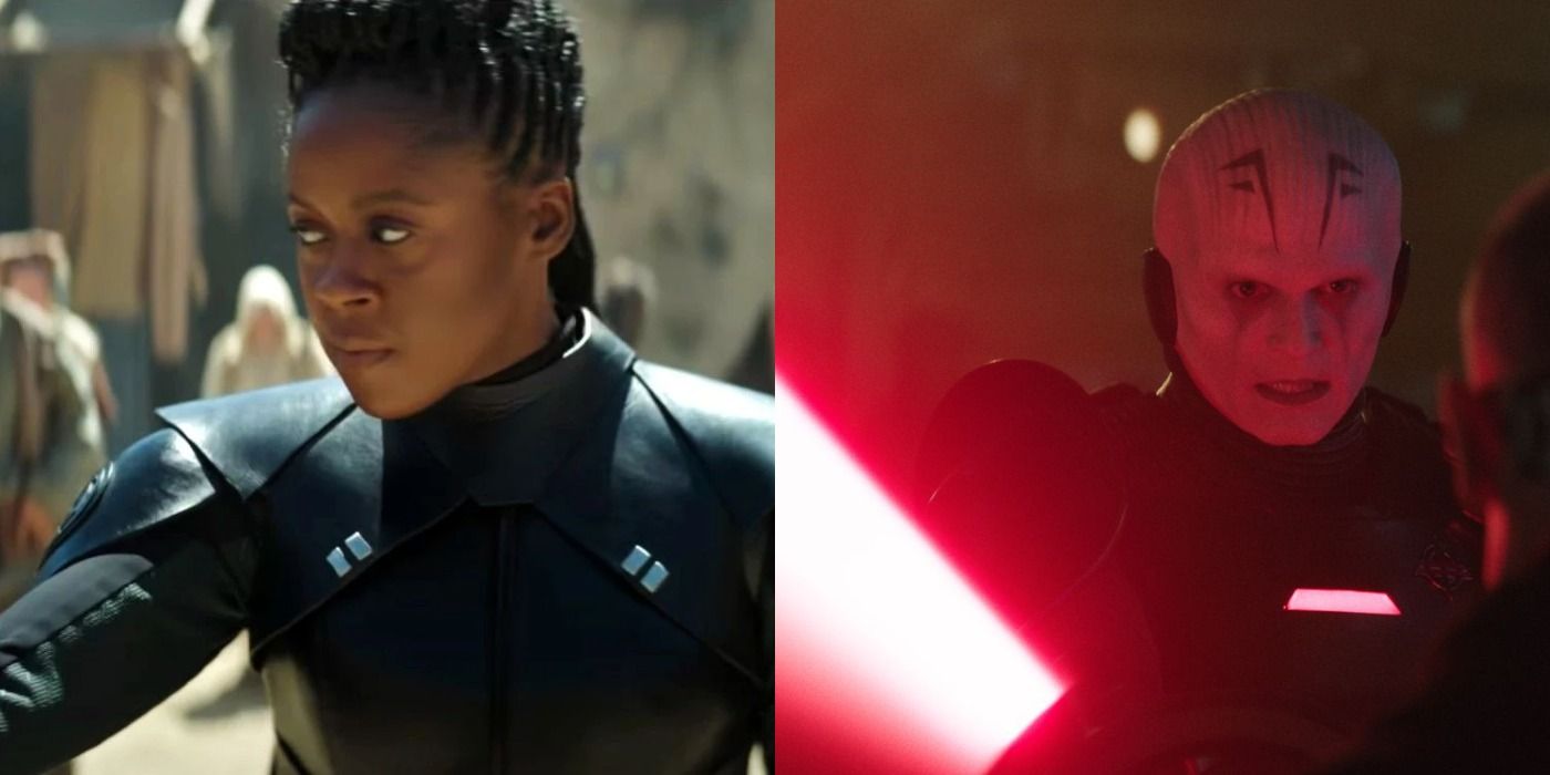 Split image of the Third Sister and Grand Inquisitor igniting his saber in Obi-Wan Kenobi