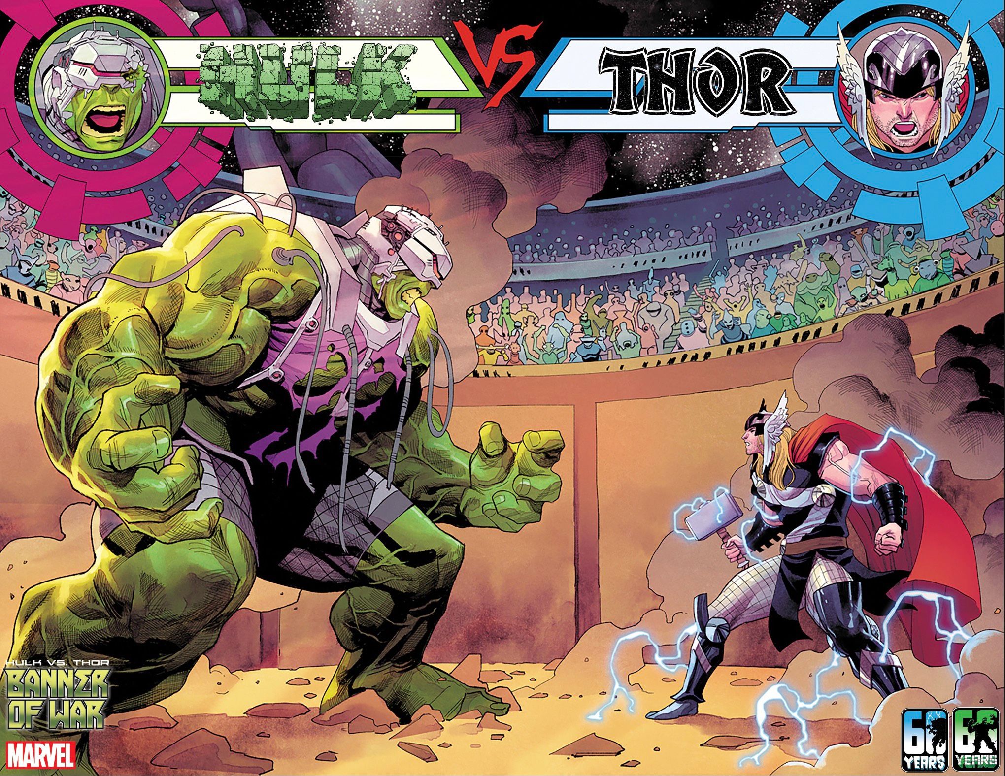 Hulk and Thor fighting in an alien arena