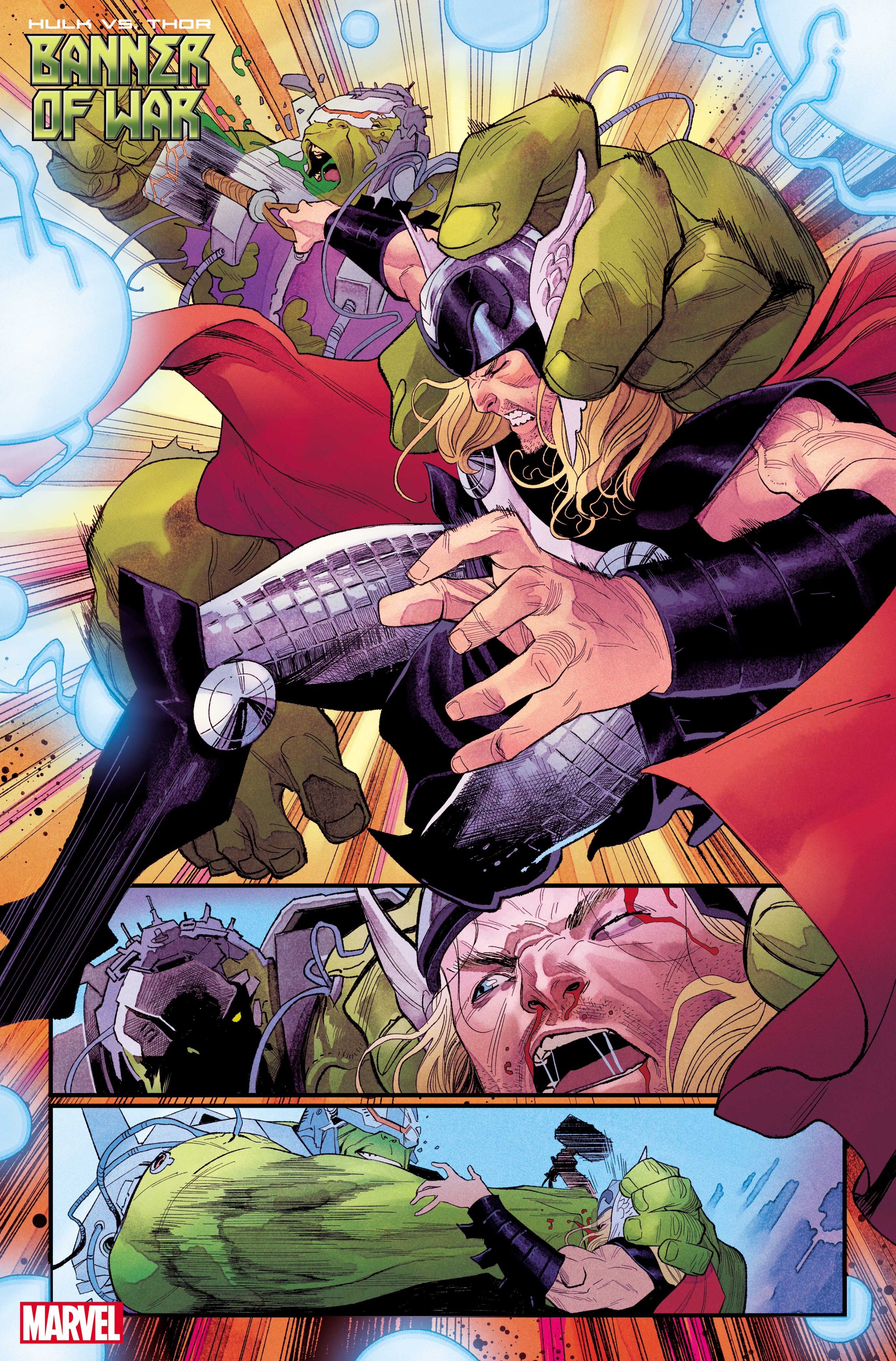 Thor and Hulk fighting in an alien arena