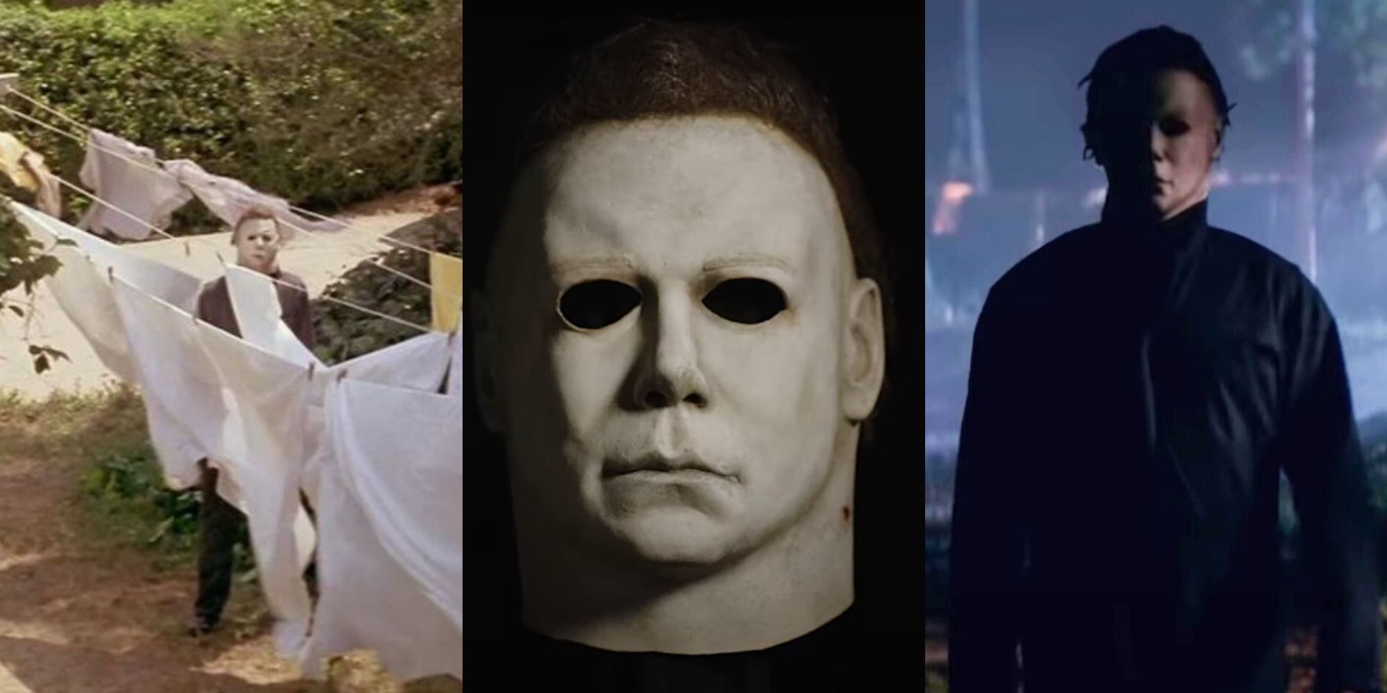 Three images of Michael Myers staring blankly in Halloween movies