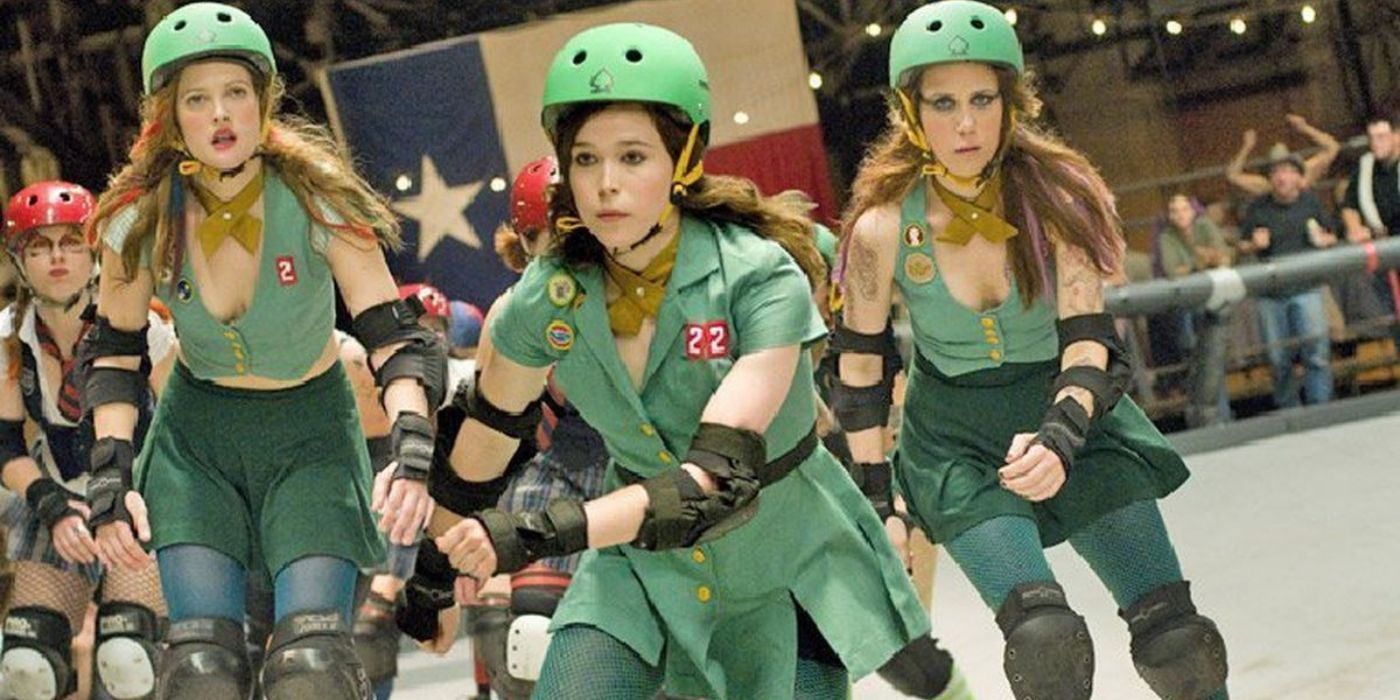 Three members of the Hurl Scouts skating in the rink in Whip It