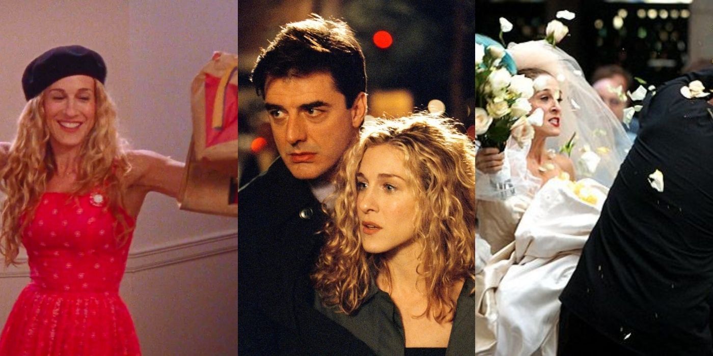 Three split images of Carrie and Big over the years on SATC