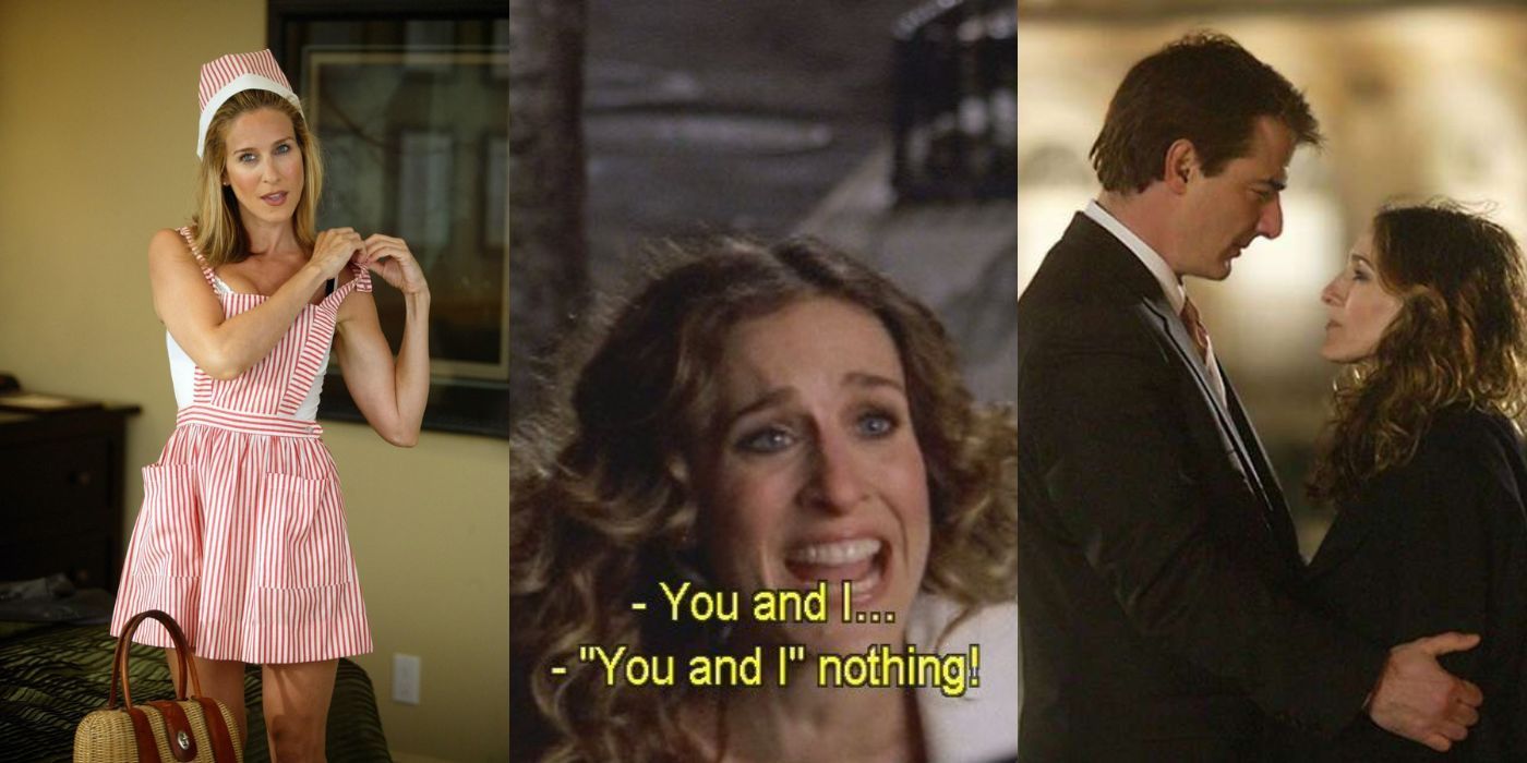 Three split images of Carrie and Mr. Big from season 6 of SATC
