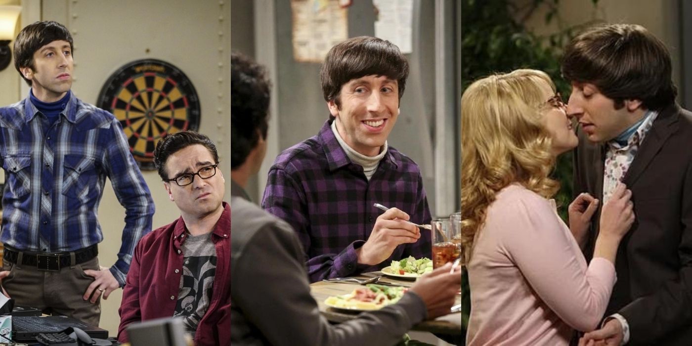 Three split images of Howard and Leonard and Bernadette from TBBT