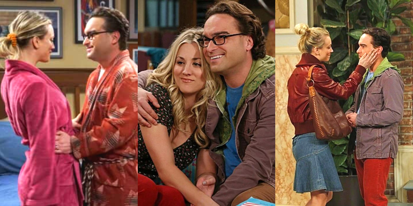 Three split images of Penny and Leonard together as a couple on TBBT