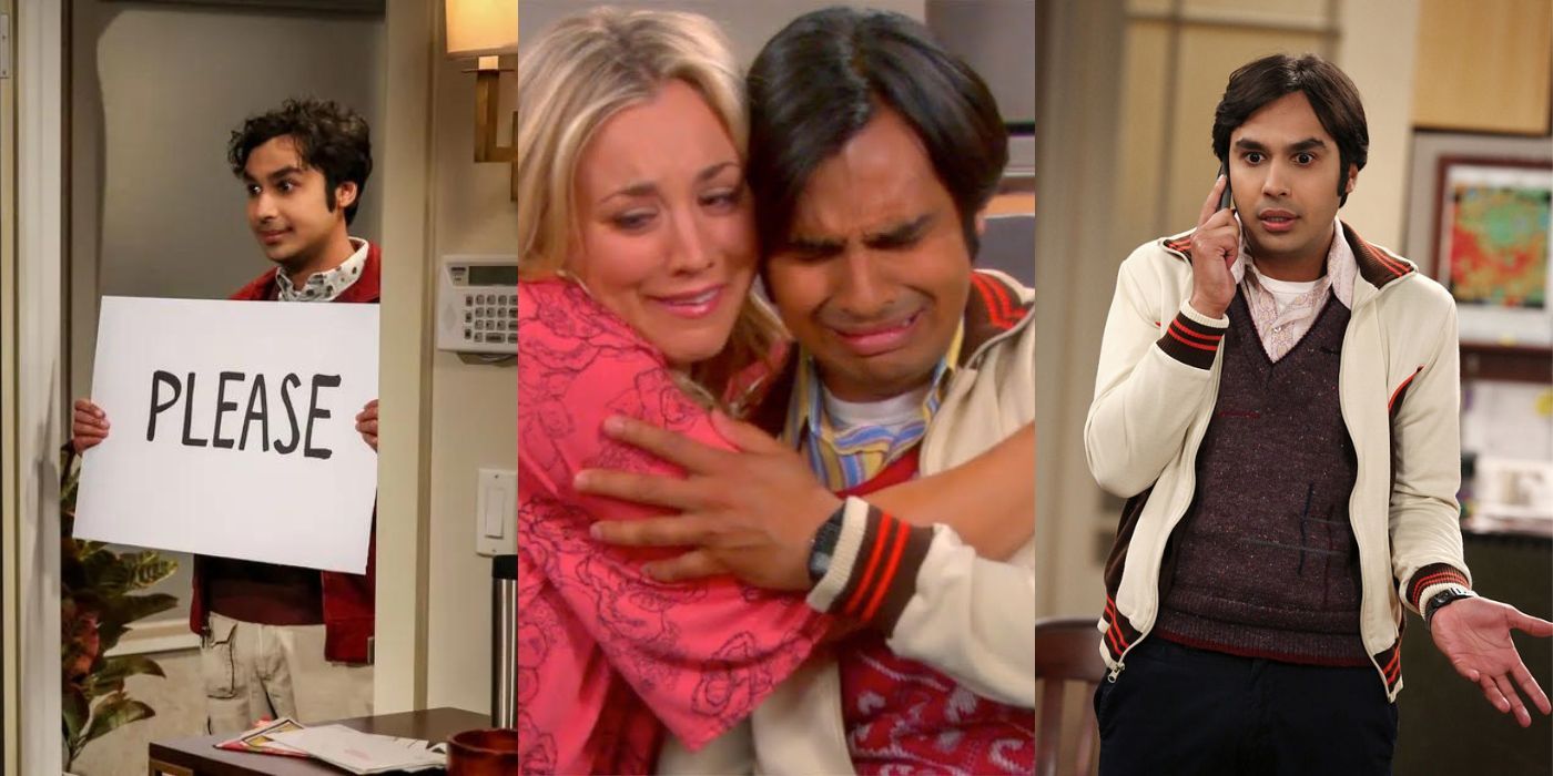 Three split images of Raj and Penny from TBBT
