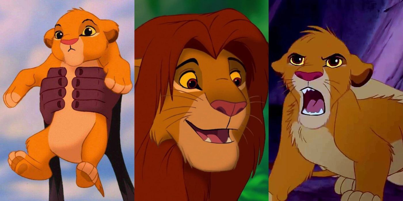 Three split images of Simba from The Lion King