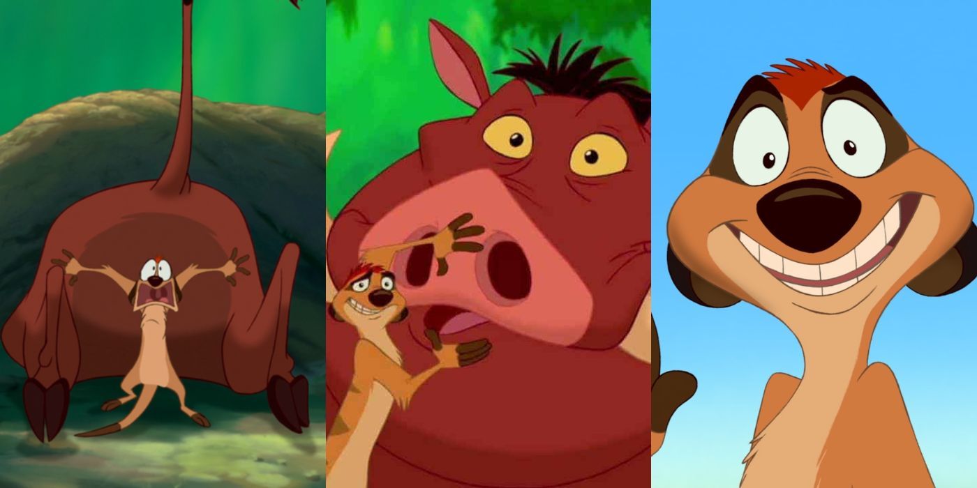 Three split images of Timon and Pumbaa from The Lion King