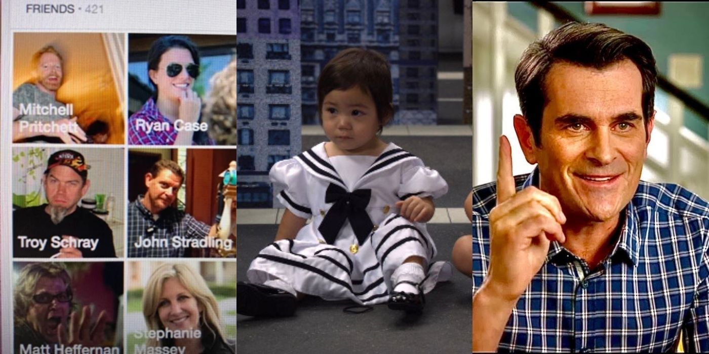 Three split images of different scenes and characters of small details for Modern Family