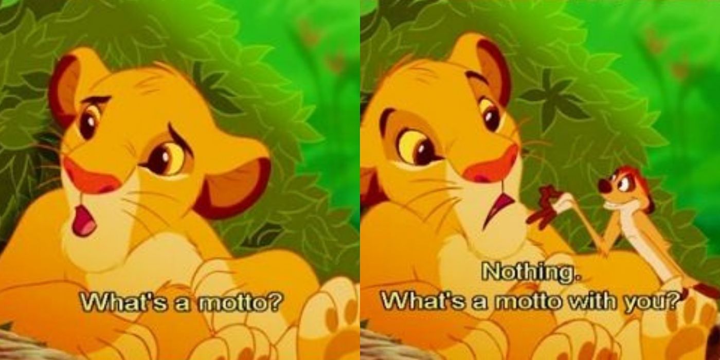 Timon telling Simba a joke on The Lion King